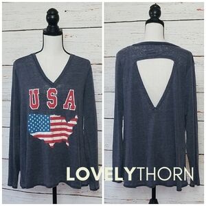 CHASER // super soft vintage feel burnout USA flag vneck cut out long sleeve tee